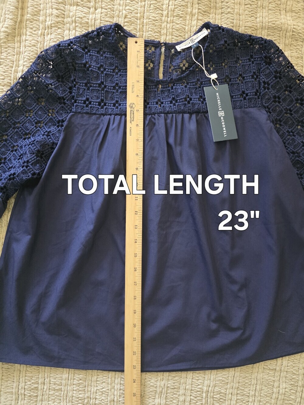 NWT Boutique Navy Blue Crochet Lace Bell Sleeve Blouse | Size L Boho Cottagecore - Picture 9 of 12